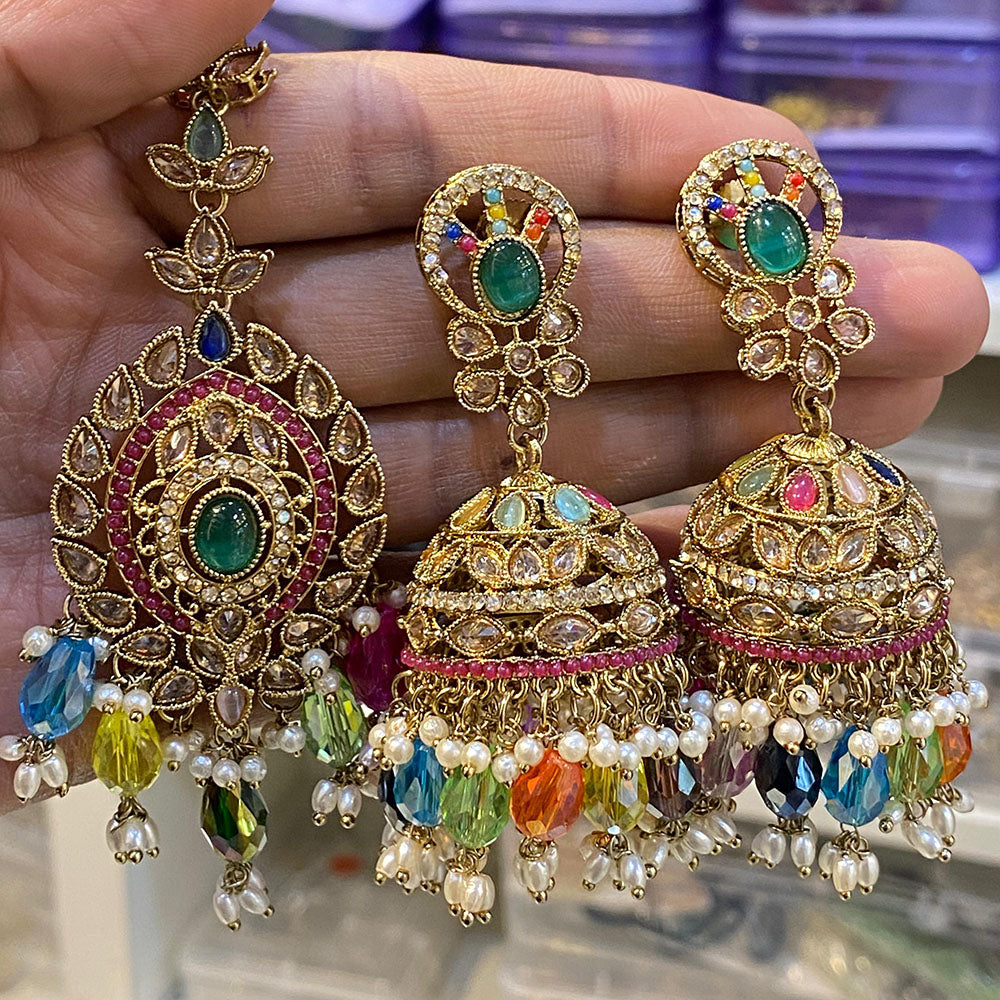 Hira Collections Designer Crystal Stone And Beads Jhumki Earrings With Maangtikka