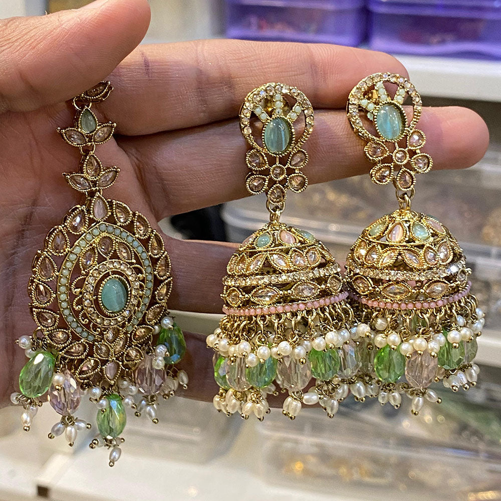 Hira Collections Designer Crystal Stone And Beads Jhumki Earrings With Maangtikka