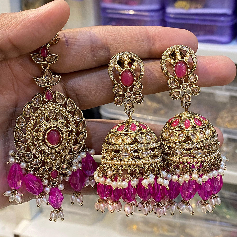 Hira Collections Designer Crystal Stone And Beads Jhumki Earrings With Maangtikka