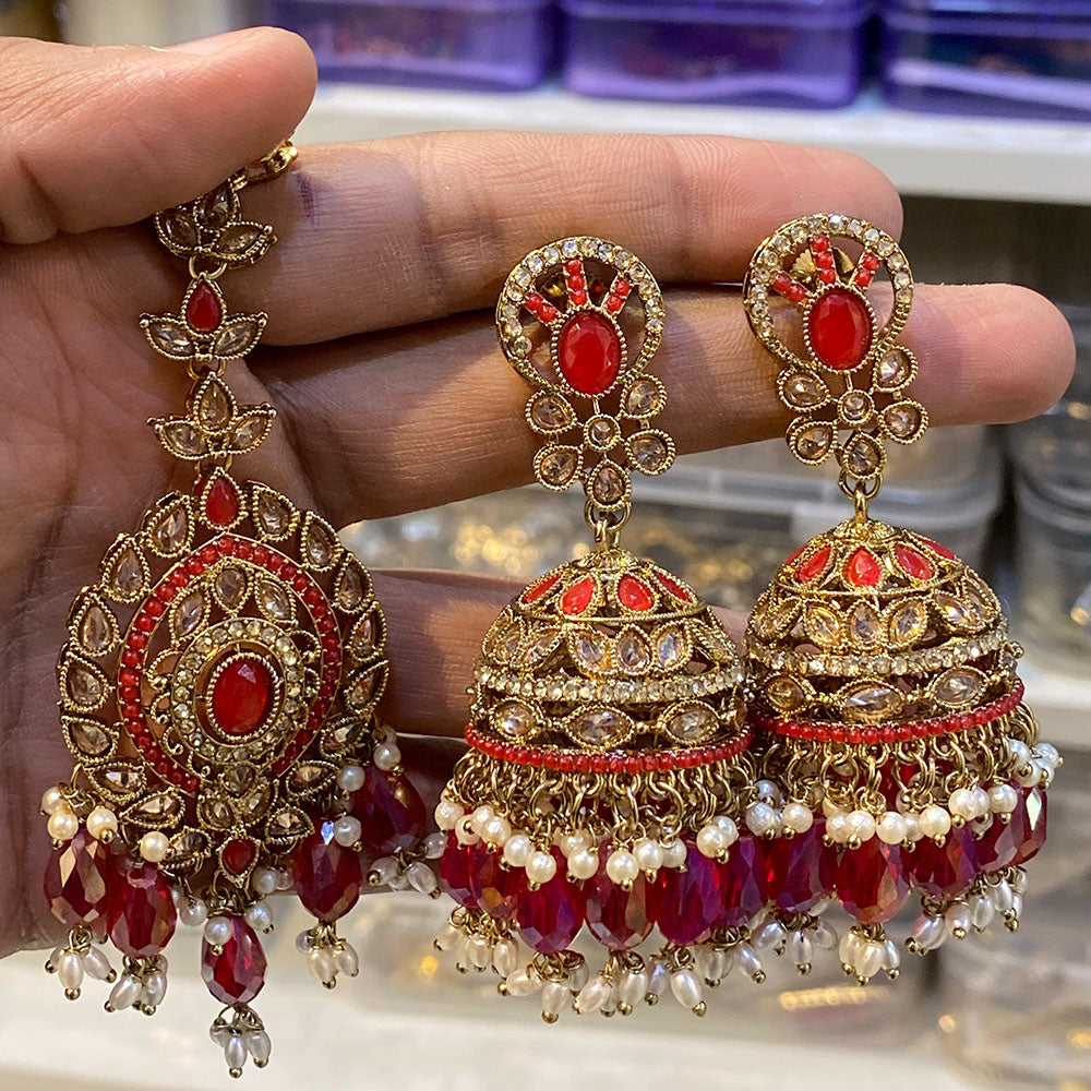 Hira Collections Designer Crystal Stone And Beads Jhumki Earrings With Maangtikka