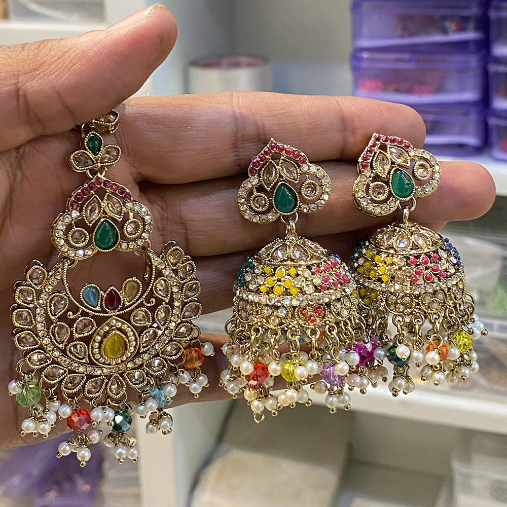 Hira Collections Designer Crystal Stone And Beads Jhumki Earrings With Maangtikka