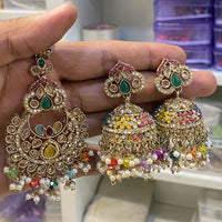 Hira Collections Designer Crystal Stone And Beads Jhumki Earrings With Maangtikka