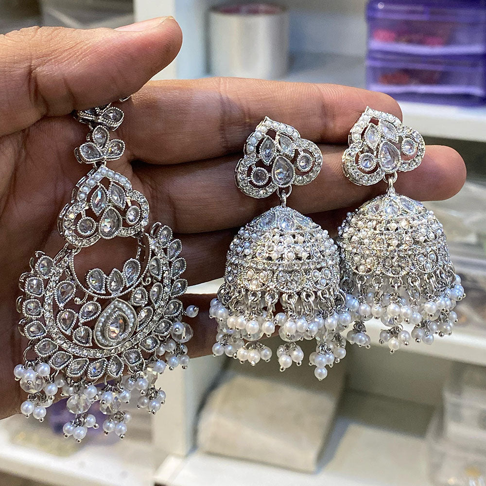 Hira Collections Designer Crystal Stone And Beads Jhumki Earrings With Maangtikka