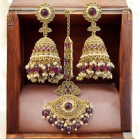 Hira Collections Designer Crystal Stone And Beads Jhumki Earrings With Maangtikka