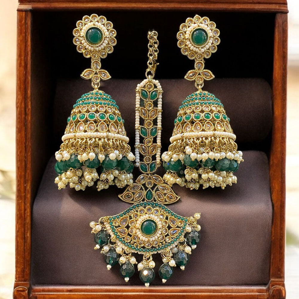 Hira Collections Designer Crystal Stone And Beads Jhumki Earrings With Maangtikka