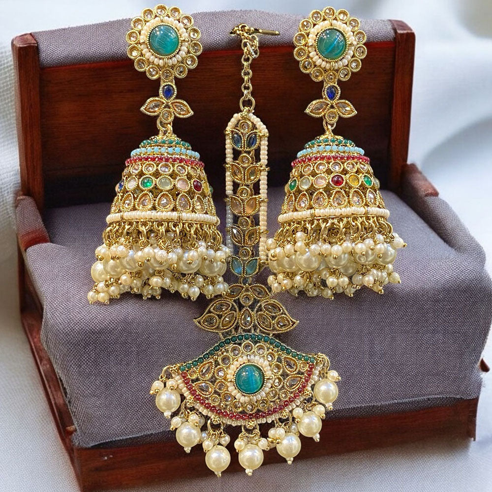 Hira Collections Designer Crystal Stone And Beads Jhumki Earrings With Maangtikka