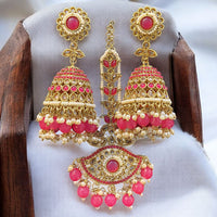 Hira Collections Designer Crystal Stone And Beads Jhumki Earrings With Maangtikka