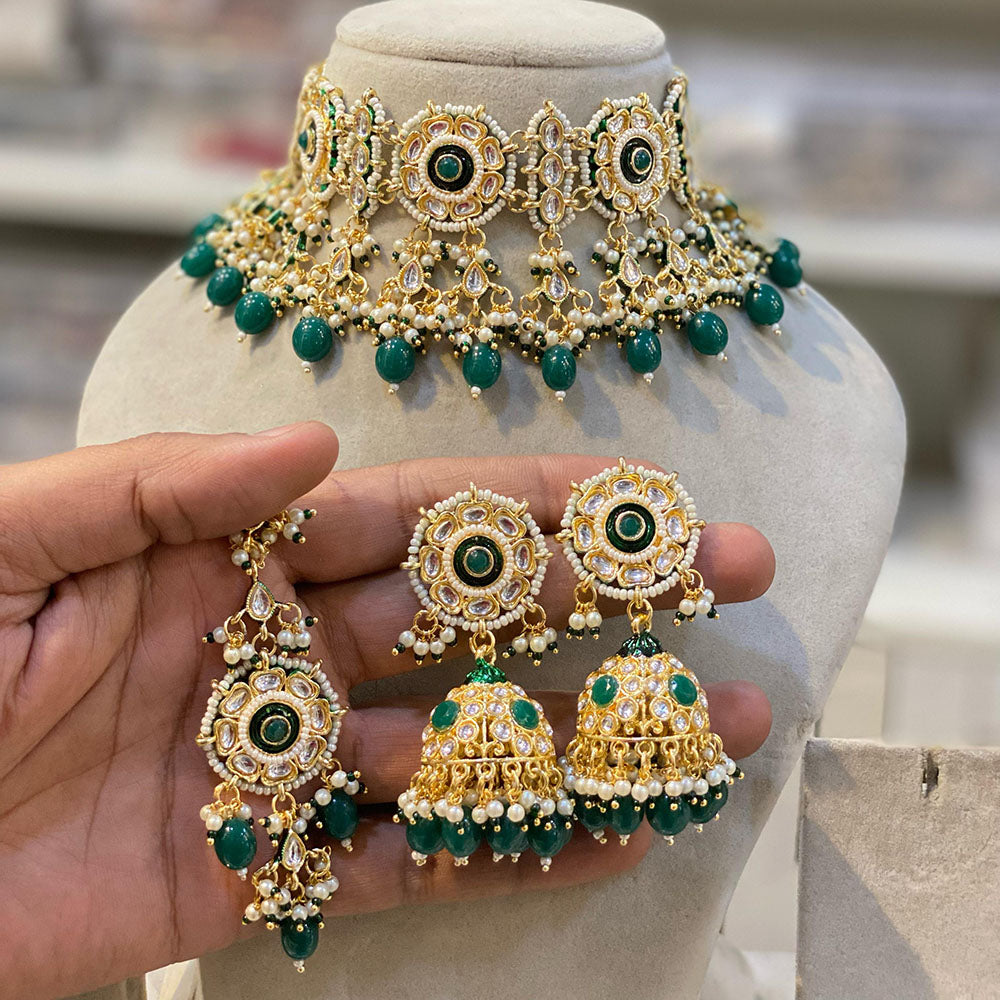 Hira Collections Luxury Kundan Stone Pearl And Beads Meenakari Choker Necklace Set