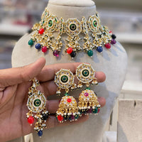 Hira Collections Luxury Kundan Stone Pearl And Beads Meenakari Choker Necklace Set