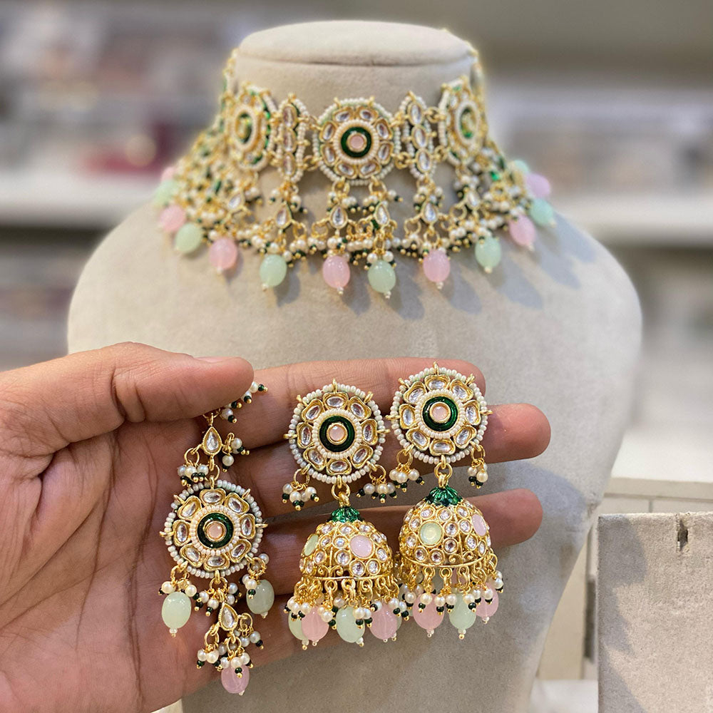 Hira Collections Luxury Kundan Stone Pearl And Beads Meenakari Choker Necklace Set