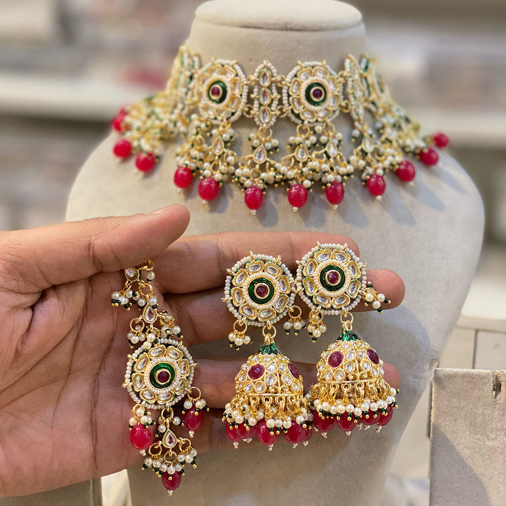 Hira Collections Luxury Kundan Stone Pearl And Beads Meenakari Choker Necklace Set