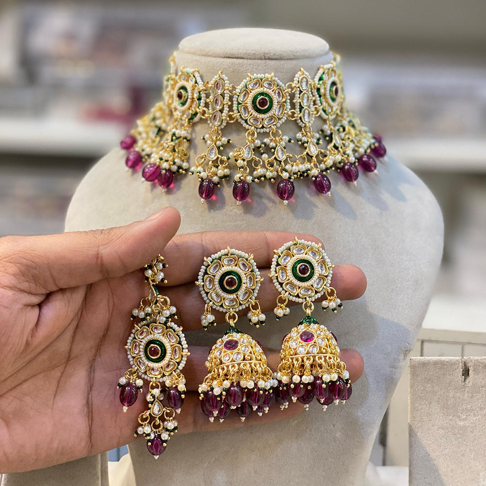 Hira Collections Luxury Kundan Stone Pearl And Beads Meenakari Choker Necklace Set