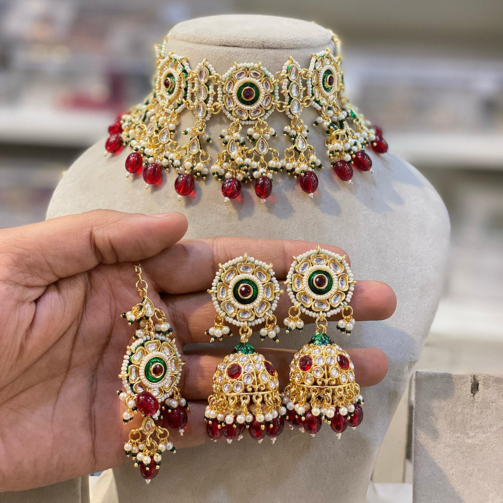 Hira Collections Luxury Kundan Stone Pearl And Beads Meenakari Choker Necklace Set