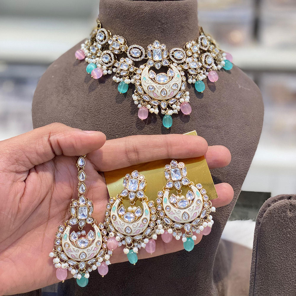 Hira Collections Luxury Kundan Stone Pearl And Beads Meenakari Choker Necklace Set