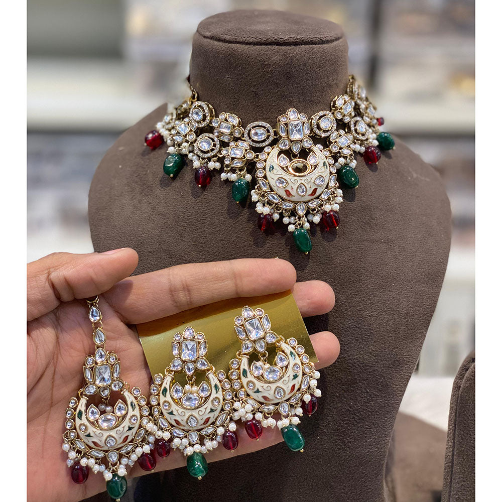 Hira Collections Luxury Kundan Stone Pearl And Beads Meenakari Choker Necklace Set