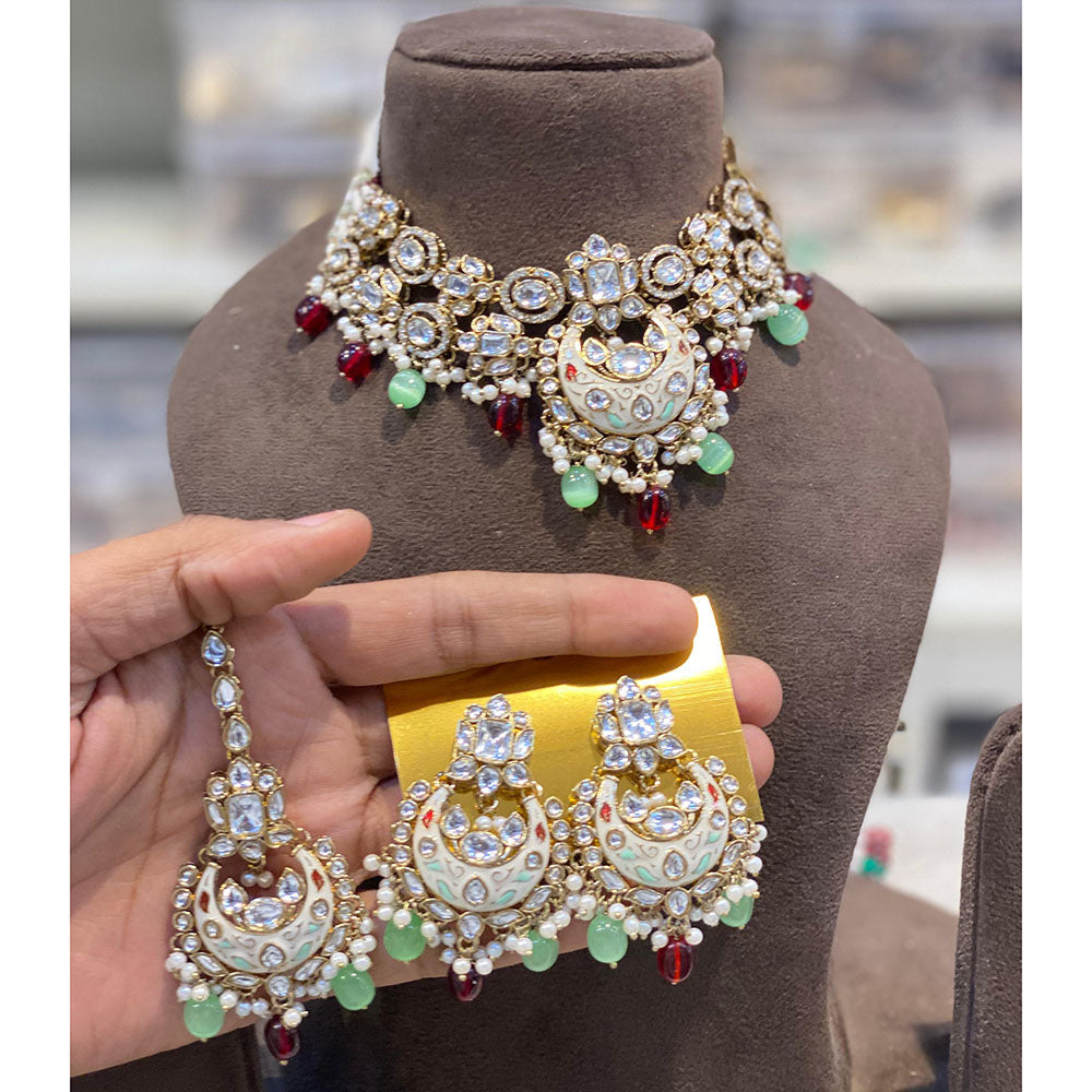 Hira Collections Luxury Kundan Stone Pearl And Beads Meenakari Choker Necklace Set