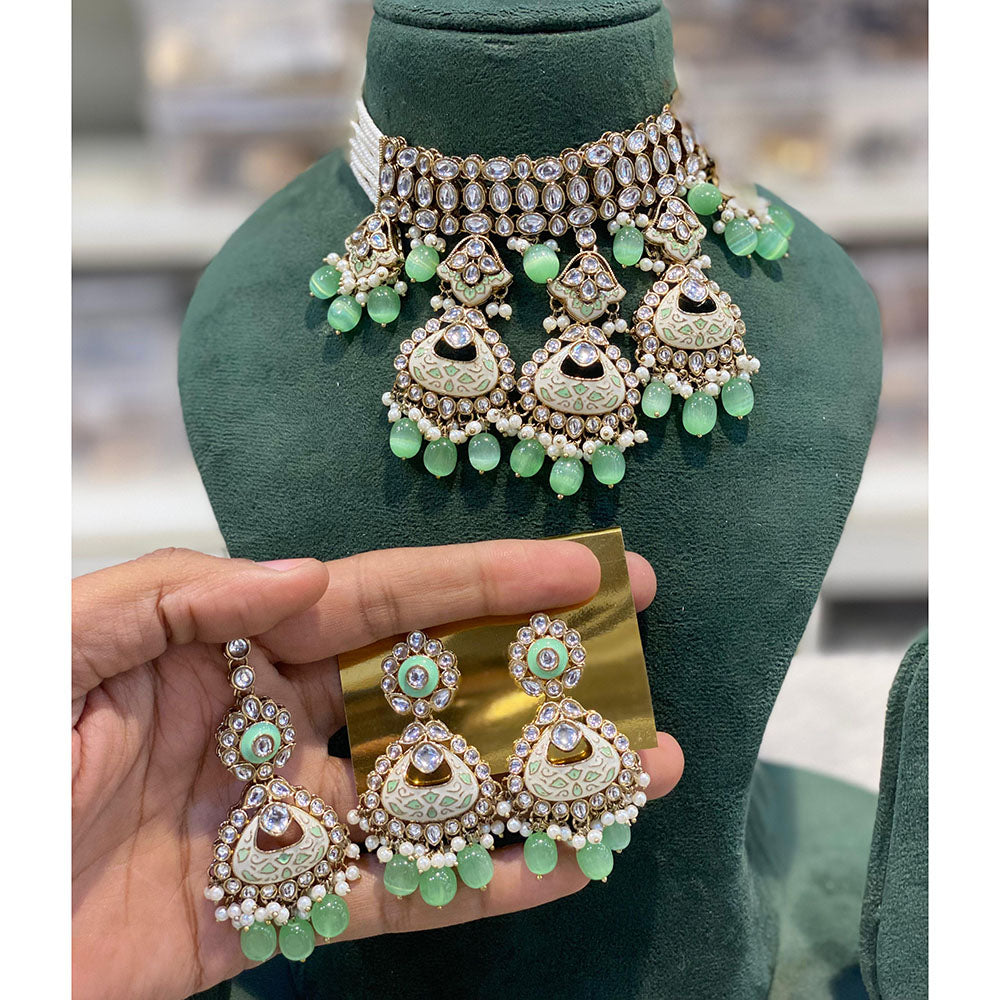 Hira Collections Luxury Kundan Stone Pearl And Beads Meenakari Choker Necklace Set