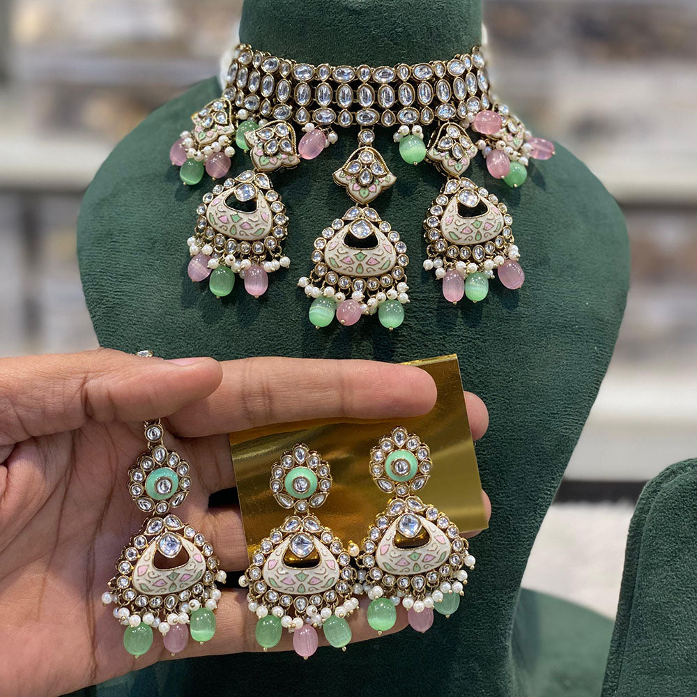 Hira Collections Luxury Kundan Stone Pearl And Beads Meenakari Choker Necklace Set