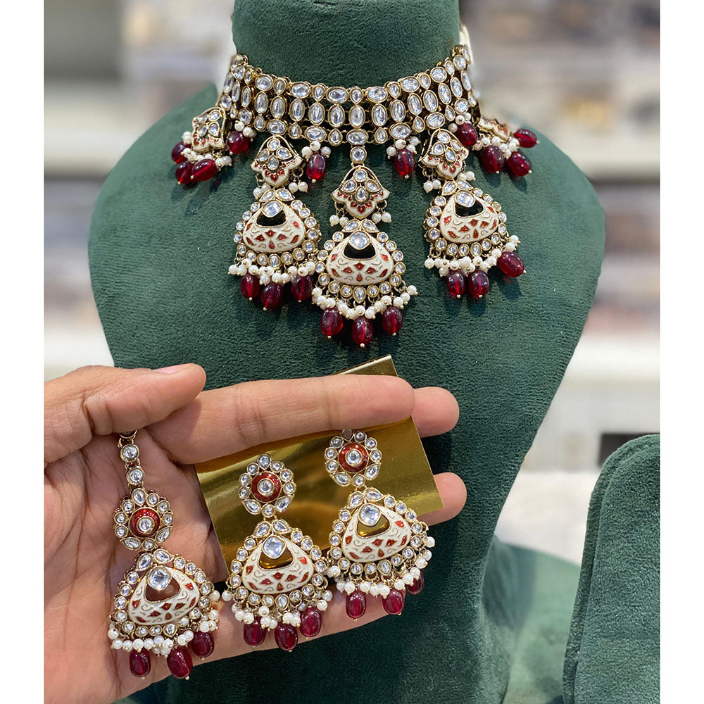 Hira Collections Luxury Kundan Stone Pearl And Beads Meenakari Choker Necklace Set