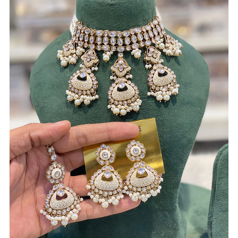 Hira Collections Luxury Kundan Stone Pearl And Beads Meenakari Choker Necklace Set