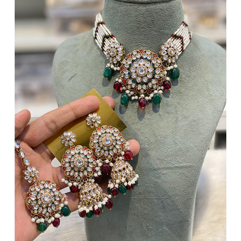Hira Collections Luxury Kundan Stone Pearl And Beads Meenakari Choker Necklace Set