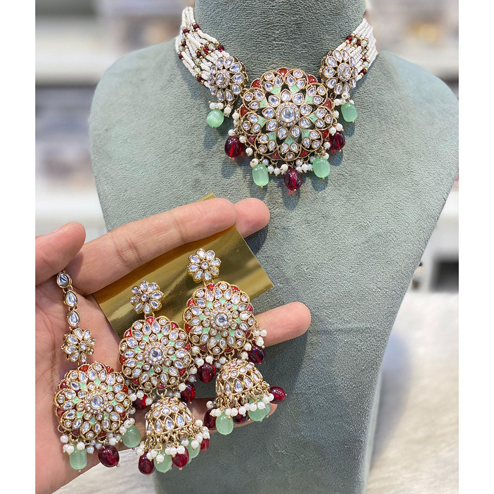 Hira Collections Luxury Kundan Stone Pearl And Beads Meenakari Choker Necklace Set