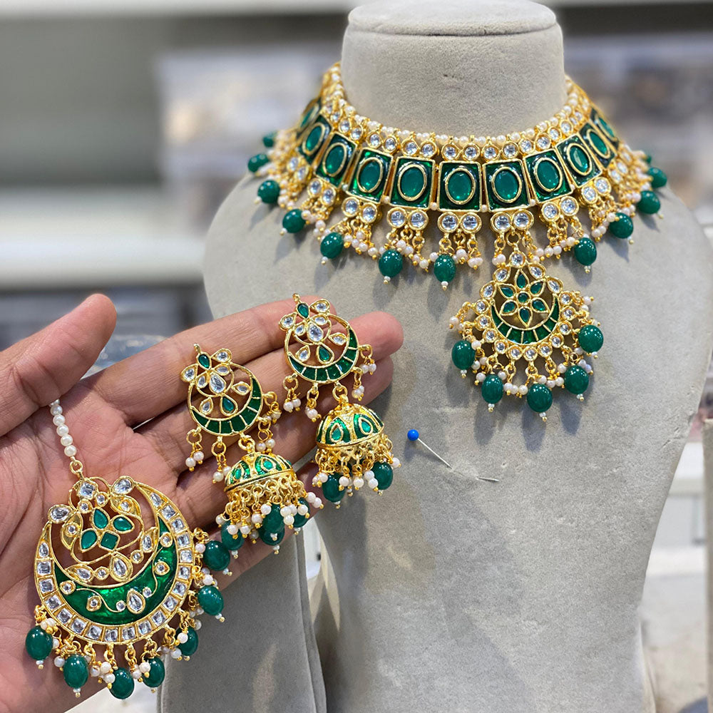 Hira Collections Luxury Kundan Stone Pearl And Beads Meenakari Choker Necklace Set