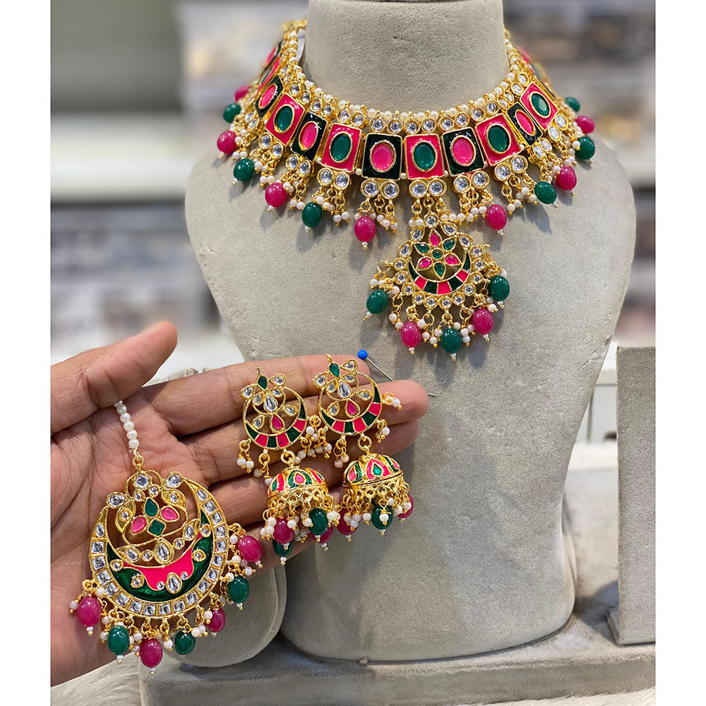 Hira Collections Luxury Kundan Stone Pearl And Beads Meenakari Choker Necklace Set