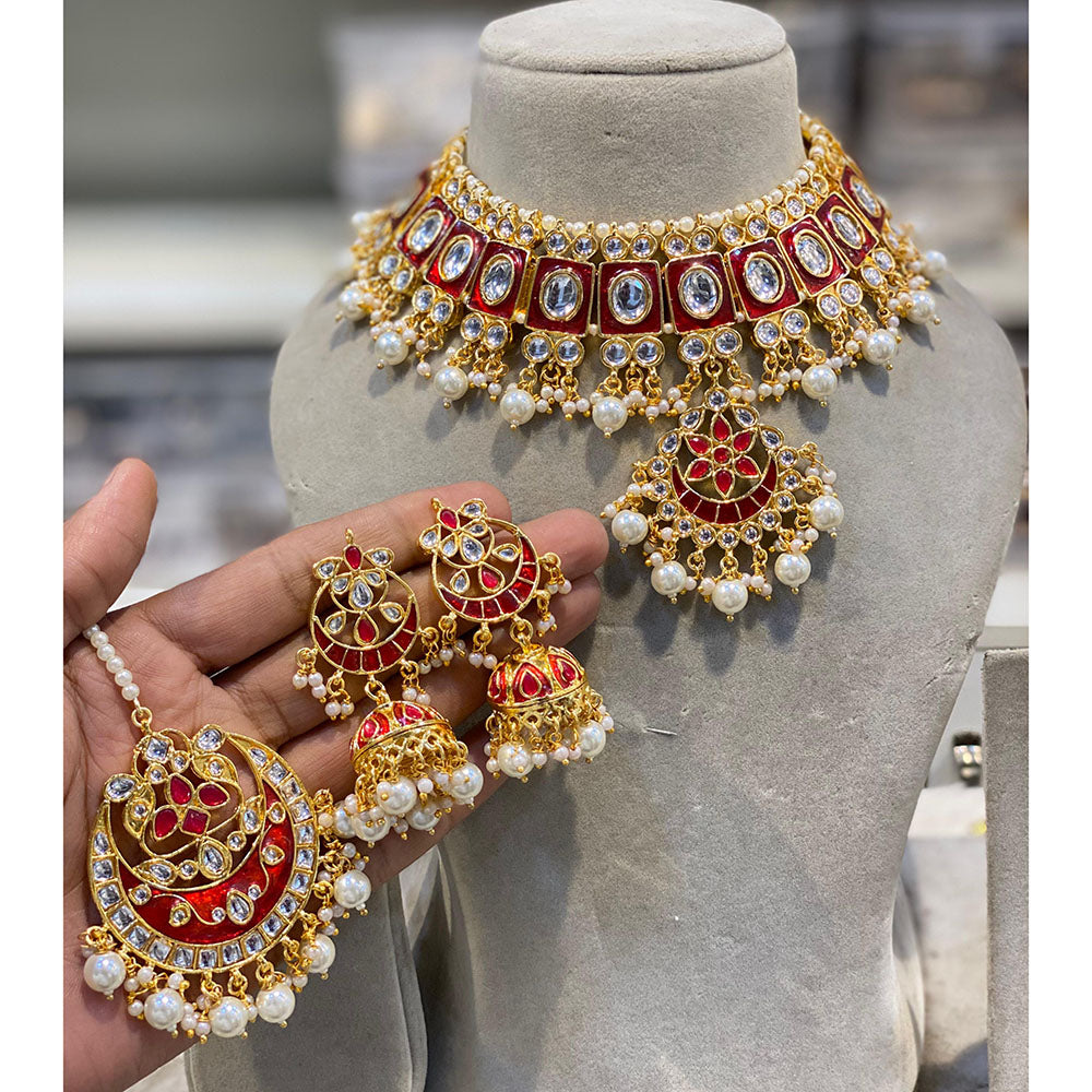 Hira Collections Luxury Kundan Stone Pearl And Beads Meenakari Choker Necklace Set