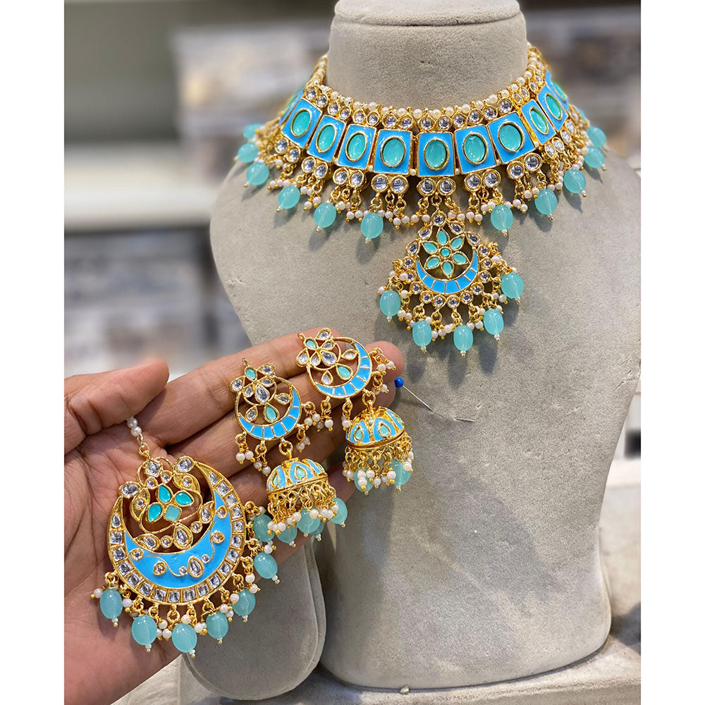 Hira Collections Luxury Kundan Stone Pearl And Beads Meenakari Choker Necklace Set