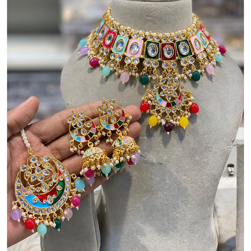 Hira Collections Luxury Kundan Stone Pearl And Beads Meenakari Choker Necklace Set