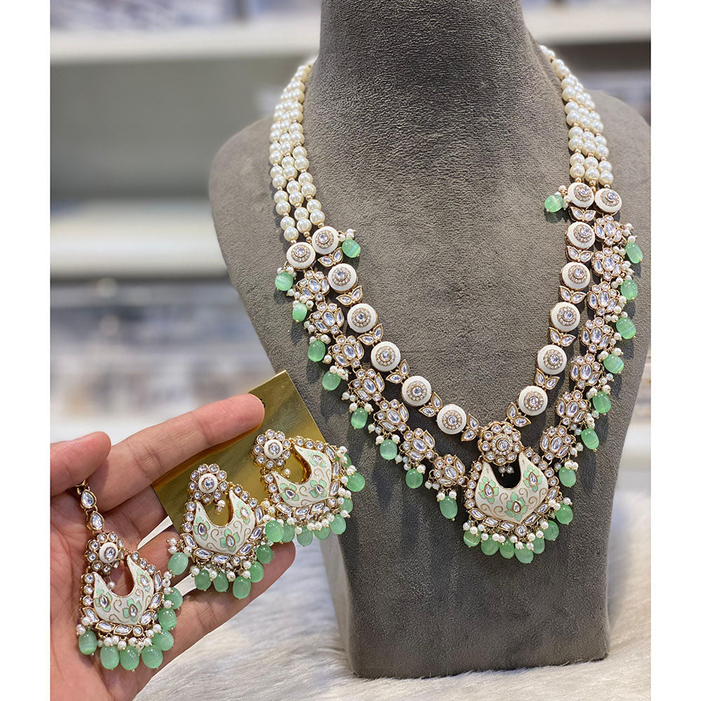 Hira Collections Luxury Kundan Stone Pearl And Beads Meenakari Long Necklace Set