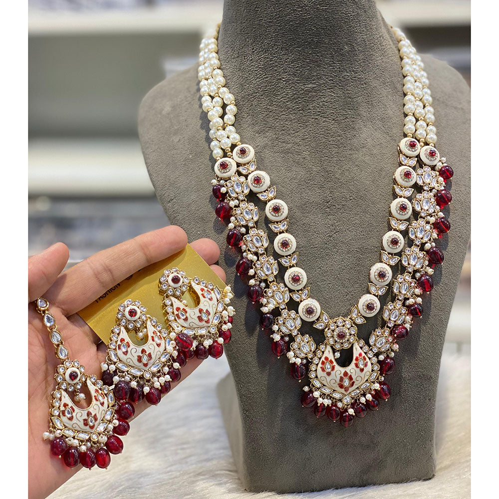 Hira Collections Luxury Kundan Stone Pearl And Beads Meenakari Long Necklace Set