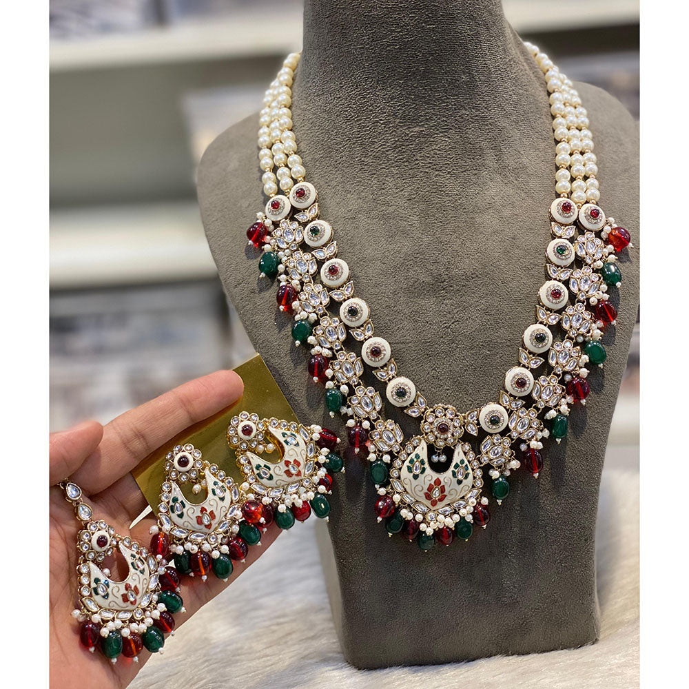 Hira Collections Luxury Kundan Stone Pearl And Beads Meenakari Long Necklace Set