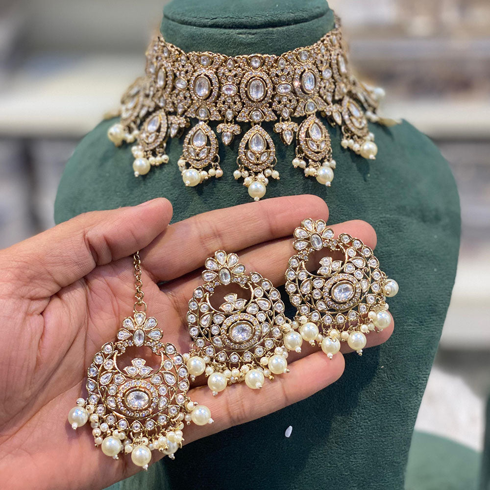 Hira Collections Luxury Kundan Stone Pearl And Beads Choker Necklace Set