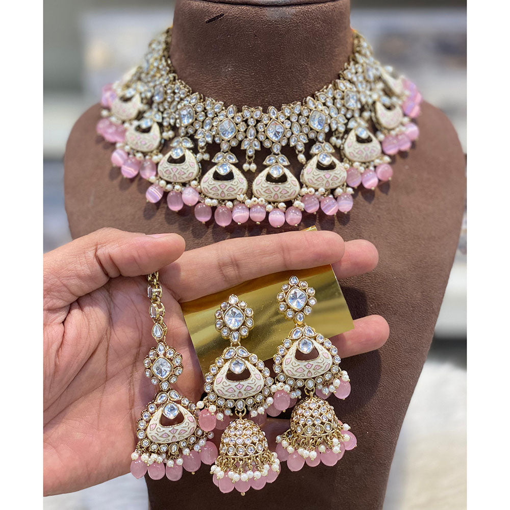 Hira Collections Luxury Kundan Stone Pearl And Beads Meenakari Choker Necklace Set