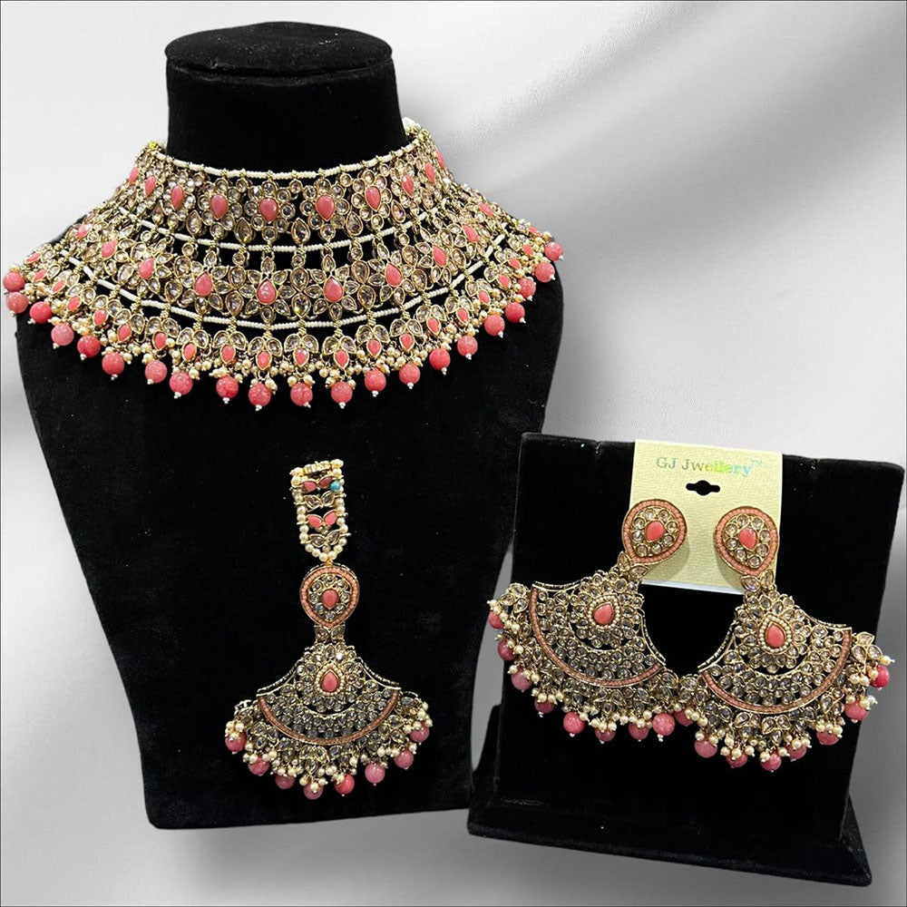 Hira Collections Royal Crystal Stone Pearl And Beads Choker Necklace Set