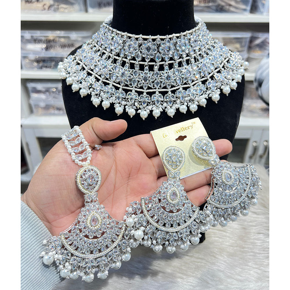 Hira Collections Royal Crystal Stone Pearl And Beads Choker Necklace Set