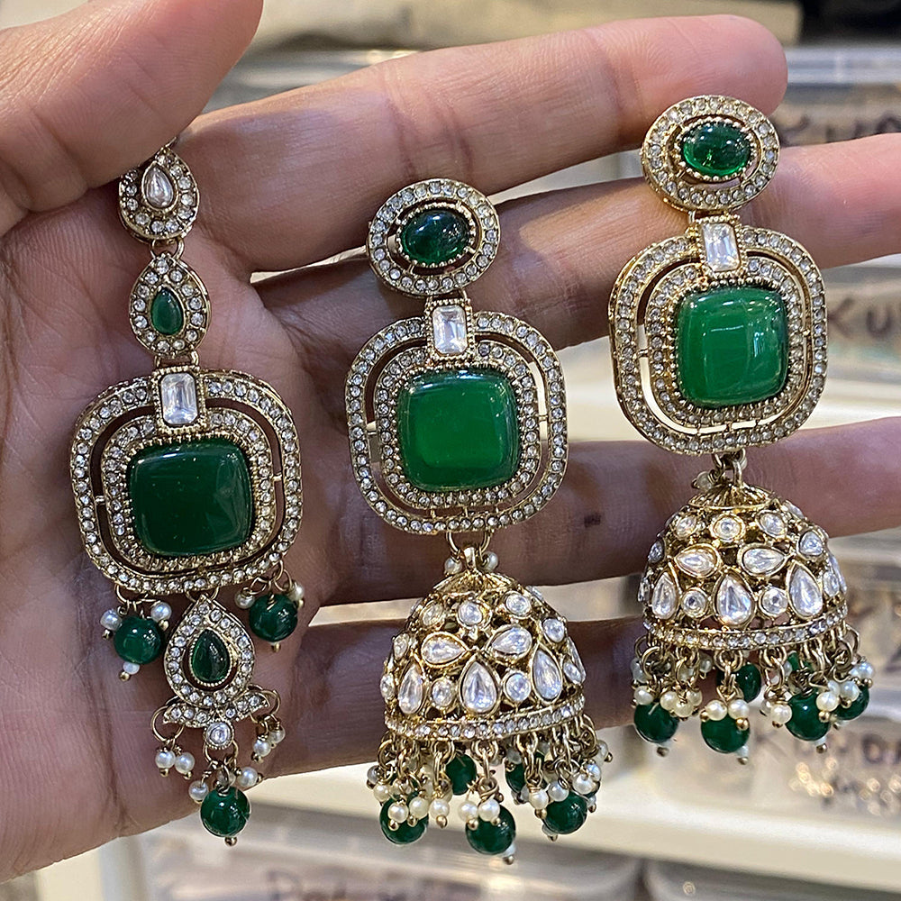 Hira Collections Designer Pota Stone And Beads Jhumki Earrings With Maangtikka