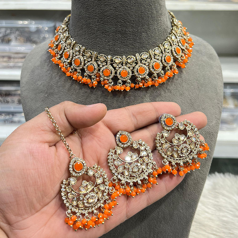 Hira Collections Elegant Crystal Stone And Pearl Choker Necklace Set