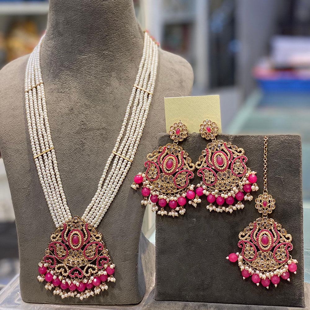 Hira Collections Elegant Crystal Stone Pearl And Beads Long Necklace Set