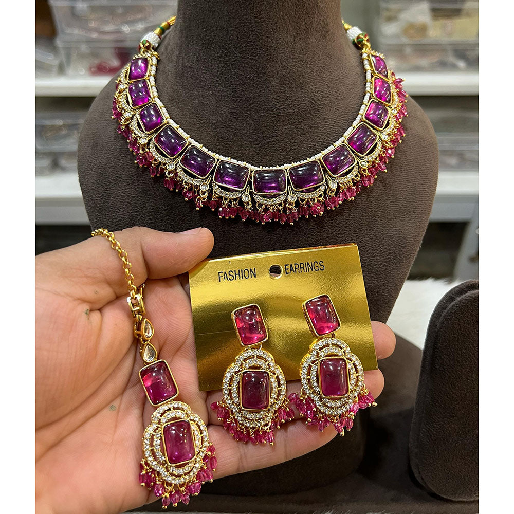Hira Collections Elegant Pota Stone And Austrian Stone Pearl Choker Necklace Set