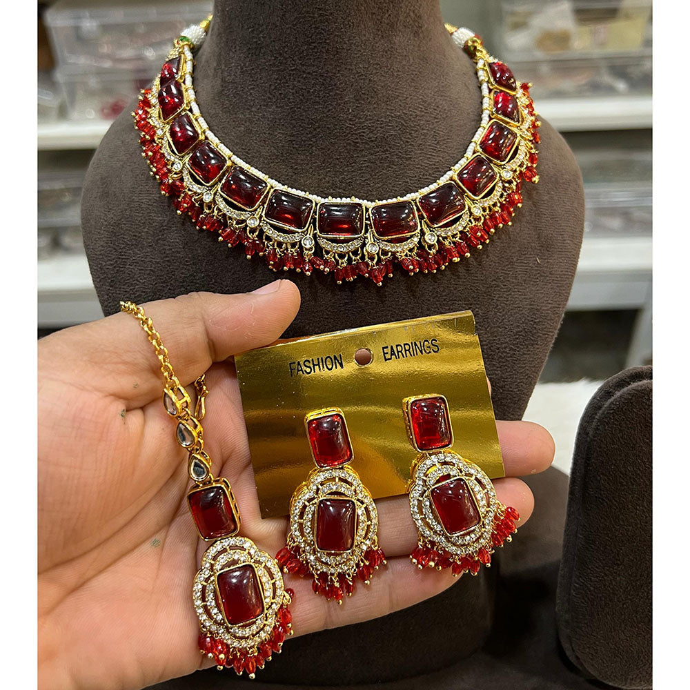 Hira Collections Elegant Pota Stone And Austrian Stone Pearl Choker Necklace Set