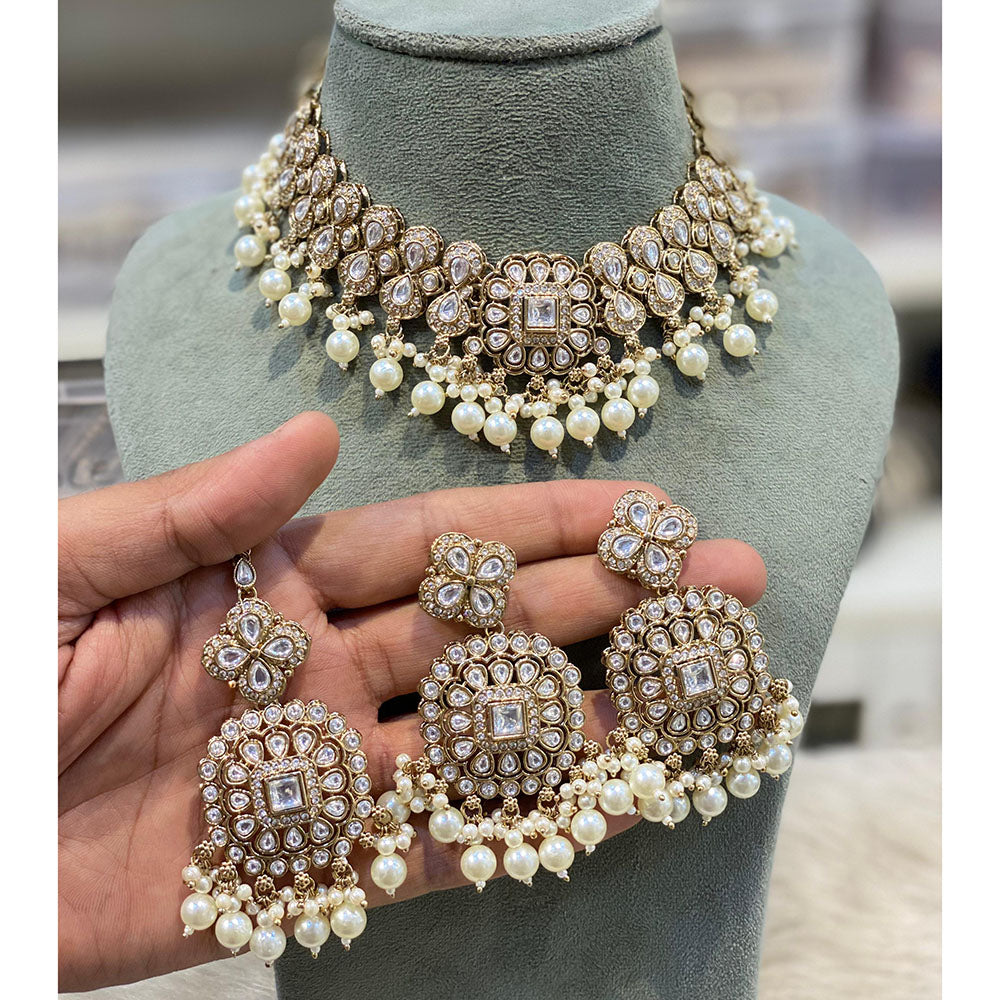 Hira Collections Elegant Pota Stone And Austrian Stone Pearl Choker Necklace Set
