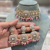 Hira Collections Elegant Pota Stone And Austrian Stone Pearl Choker Necklace Set