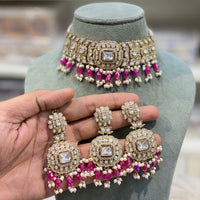 Hira Collections Elegant Pota Stone And Austrian Stone Pearl Choker Necklace Set