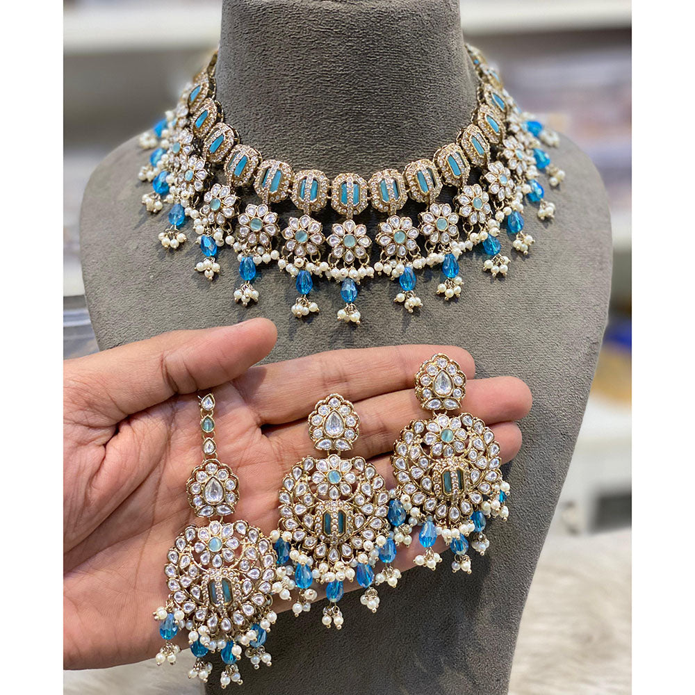 Hira Collections Elegant Pota Stone And Austrian Stone Pearl Choker Necklace Set
