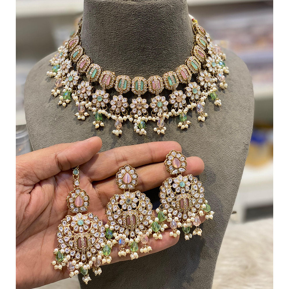 Hira Collections Elegant Pota Stone And Austrian Stone Pearl Choker Necklace Set