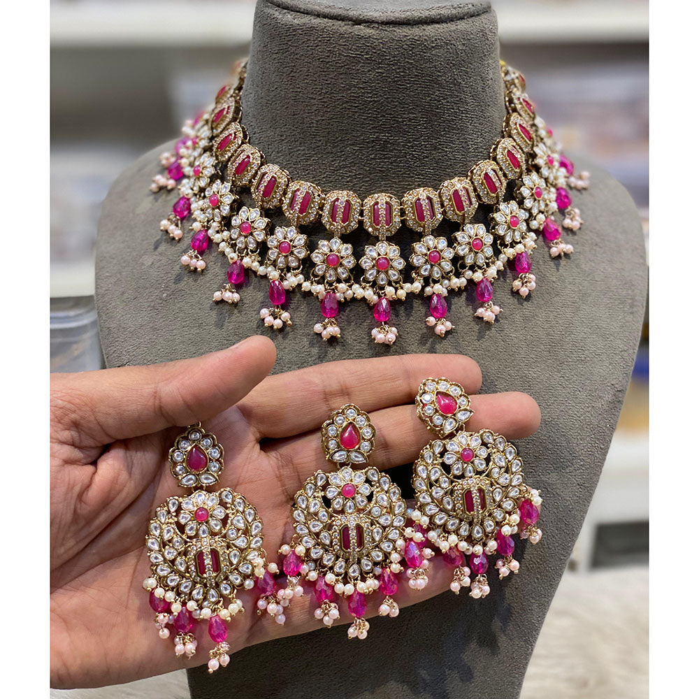 Hira Collections Elegant Pota Stone And Austrian Stone Pearl Choker Necklace Set