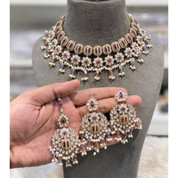 Hira Collections Elegant Pota Stone And Austrian Stone Pearl Choker Necklace Set